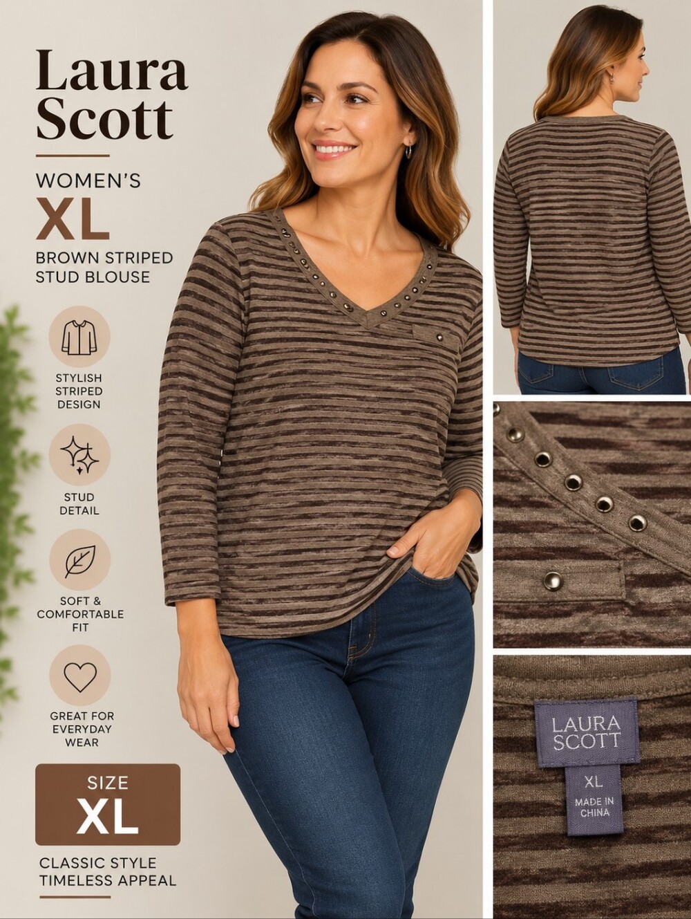 Laura scott women's XL brown striped stud blouse #21